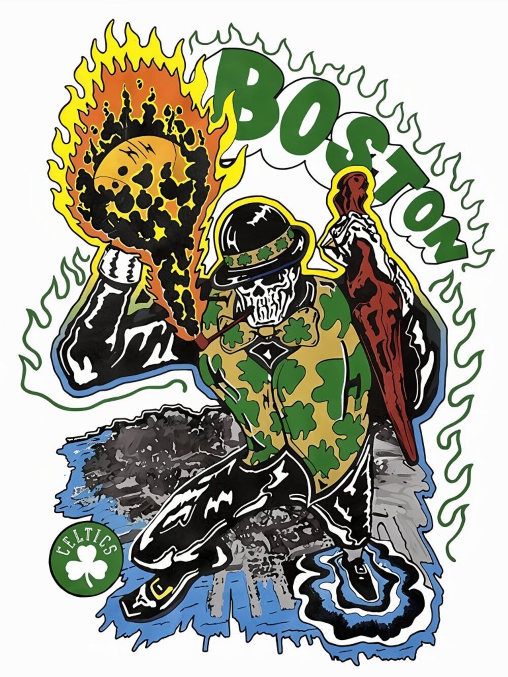 Skeleton Flaming Basketball Tee – White Green Boston Streetwear T-Shirt